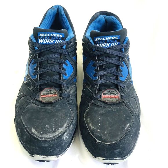 Skechers Work Shoe 13 Steel Alloy Toe Non Slip Leather Flex 2412 Black Blue - Picture 7 of 12